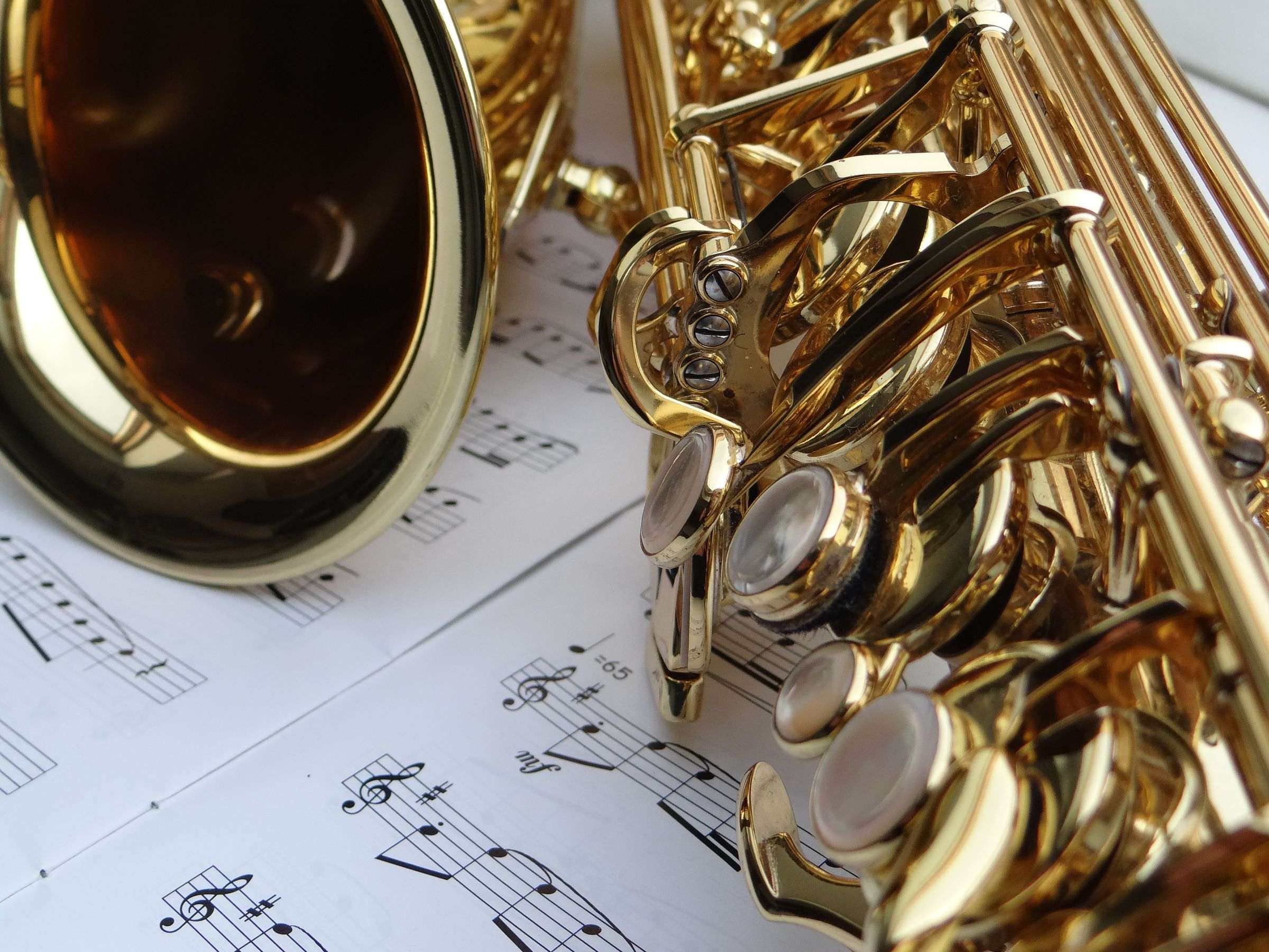 Saxophone alto doré posé sur un support, vu de côté